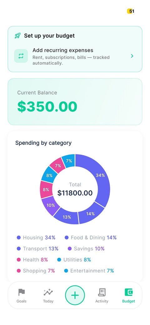 Vocca budget screen – current balance and monthly summary