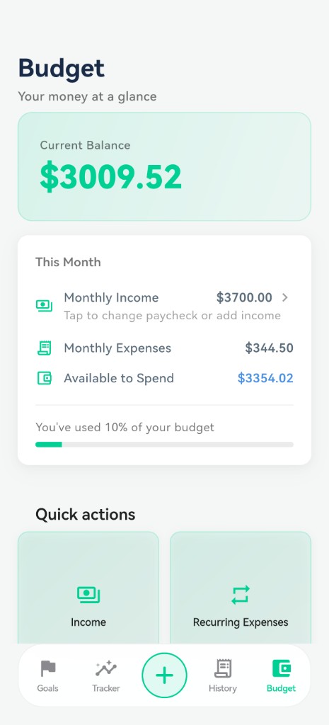 Vocca budget screen – current balance and monthly summary