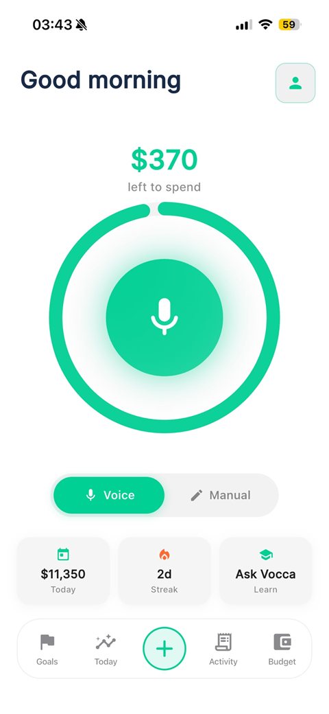 Vocca home screen – spending overview, voice and manual entry