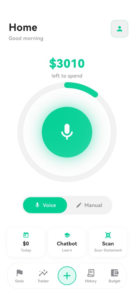 Vocca home screen – spending overview, voice and manual entry