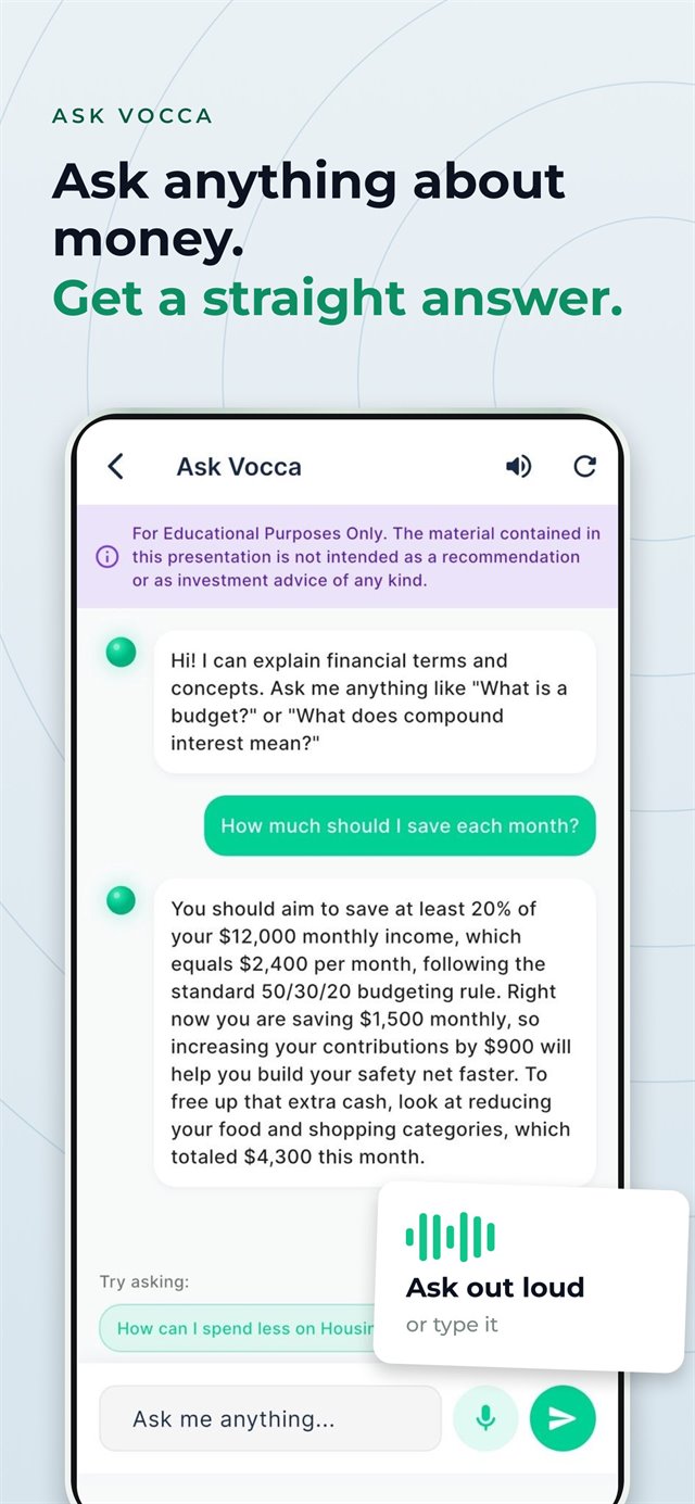 Ask Vocca chat answering how much to save each month, based on the user&rsquo;s own income