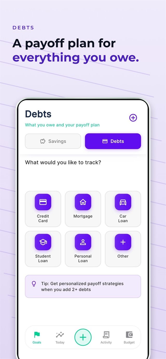 Vocca debts screen offering credit card, mortgage, car loan, student loan and personal loan tracking