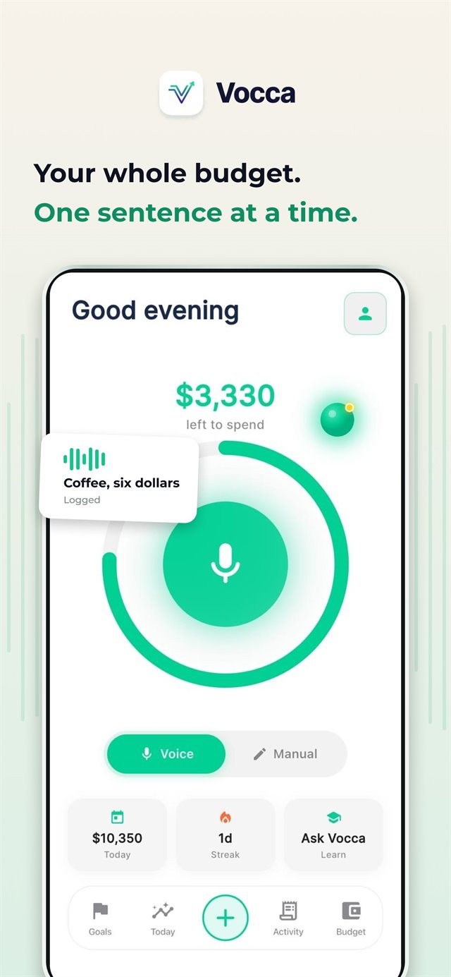 Vocca home screen showing $3,330 left to spend, with a voice note logging &ldquo;Coffee, six dollars&rdquo;